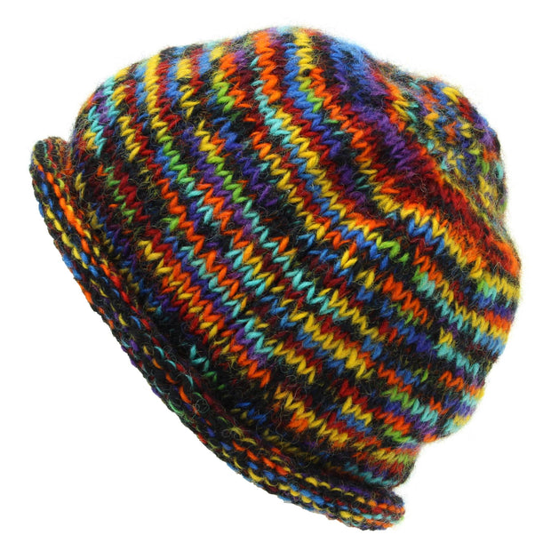 Hand Knitted Wool Beanie Hat - SD Black Rainbow