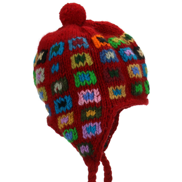 Wool Knit Earflap Bobble Hat - Square Red