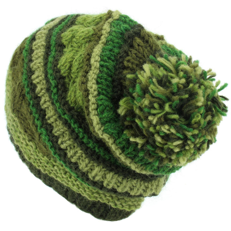 Wool Knit Bobble Beanie Hat - Stripe Green