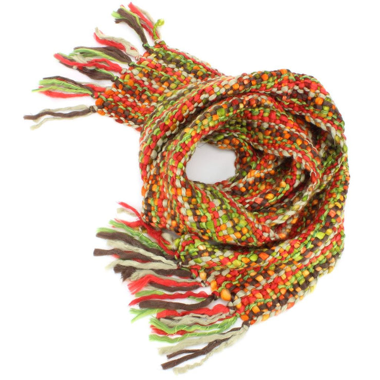 Long Chunky Knit Acrylic Scarf - Green, Red & Beige