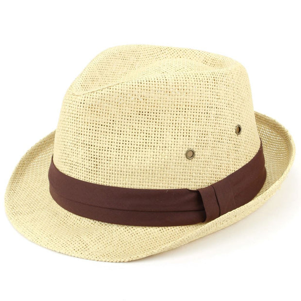 Straw Trilby Fedora Hat with Ventilation and Ribbon - Brown