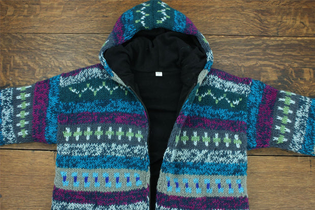 Hand Knitted Wool Hooded Jacket Cardigan - 17 Blue