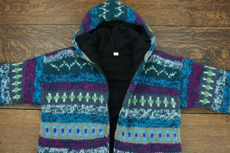 Hand Knitted Wool Hooded Jacket Cardigan - 17 Blue