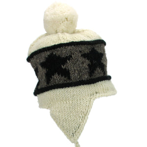 Bonnet à pompon en tricot de laine avec oreillettes - crème étoile