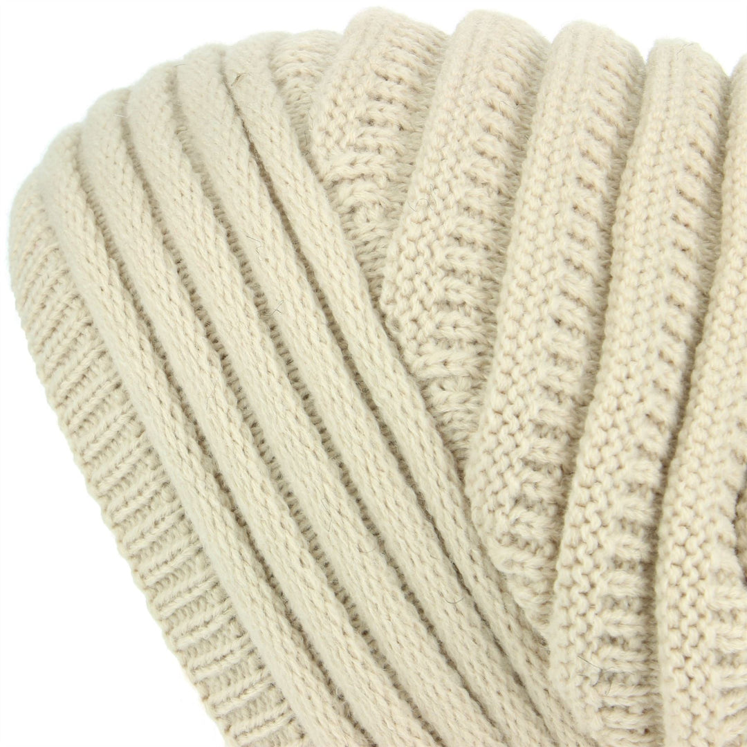 Chunky Ribbed Slouch Beanie Hat with Faux Fur Bobble - Beige