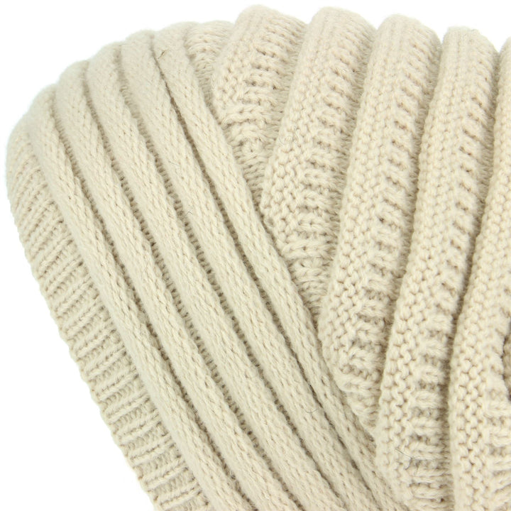 Chunky Ribbed Slouch Beanie Hat with Faux Fur Bobble - Beige