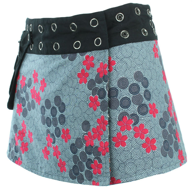 Reversible Popper Wrap Children's Size Mini Skirt - Grey Patch Strips / Spiral Garden