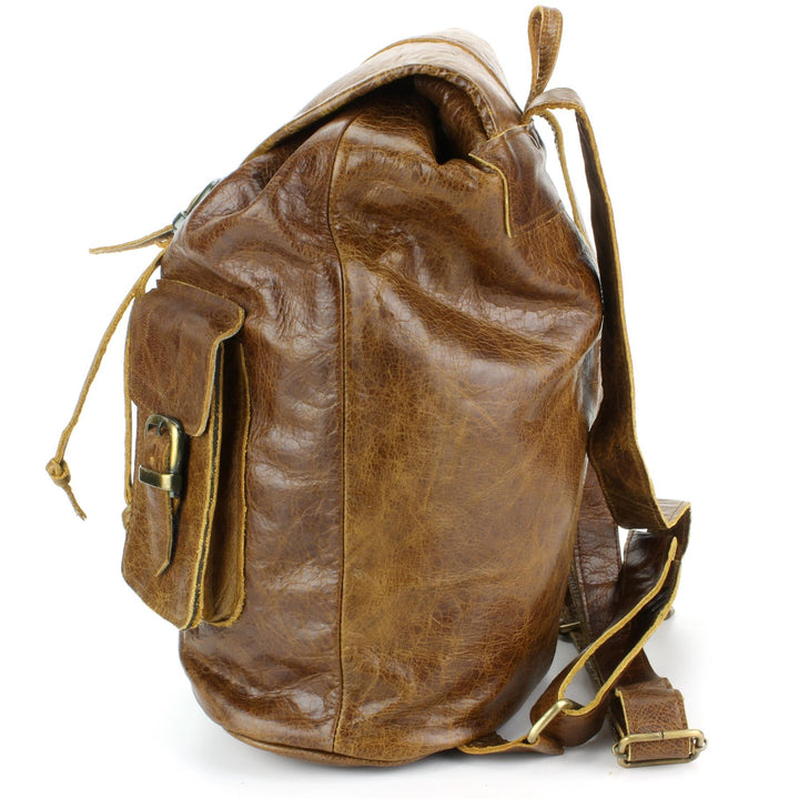 Real Leather Backpack with Two Front Pockets - Brown