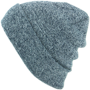 Fine Knit Marl Beanie Hat with Turn-up - Blue