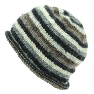 Hand Knitted Wool Beanie Hat - Stripe Natural