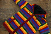 Hand Knitted Wool Hooded Jacket Cardigan - Stripe Rainbow Red Knit Trim