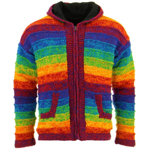 Space-Dye-Cardigan mit Kapuze aus grobem Wollstrick mit Kapuze – Regenbogen