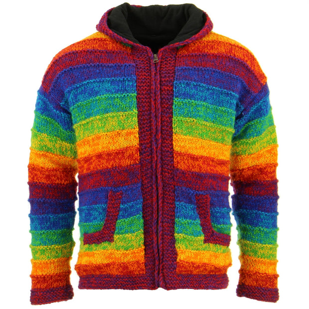 Space Dye Chunky Wool Knit Ribbed Hooded Cardigan Jacket - Rainbow