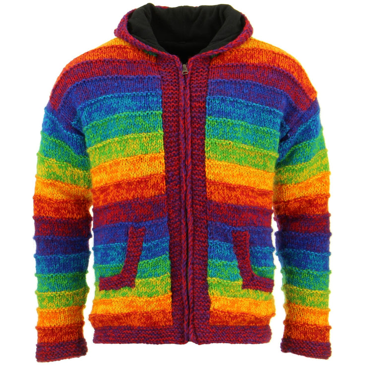 Space Dye Chunky Wool Knit Ribbed Hooded Cardigan Jacket - Rainbow