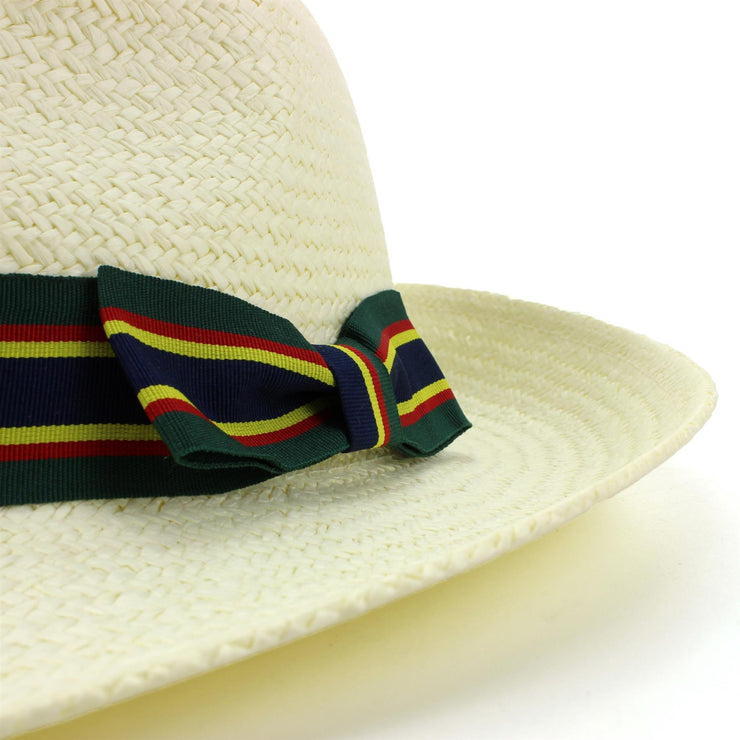 Wide Brim Straw Panama Fedora Hat - Green & Navy