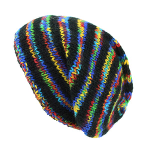 Handgestrickte Baggy-Slouch-Beanie-Mütze – gestreift, schwarzer Regenbogen, SD