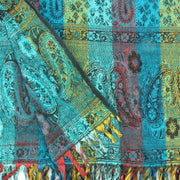 Vegan Wool Shawl Blanket - Paisley Stripe - Turquoise & Yellow