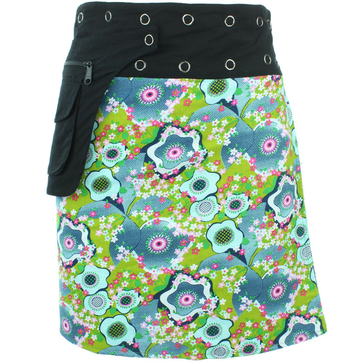 Reversible Popper Wrap Knee Length Skirt - Green Patch Strips / Floral Oyster