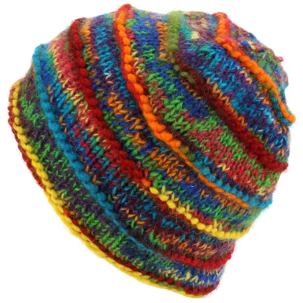 Chunky Ribbed Wool Knit Beanie Hat with Space Dye Design - Rainbow