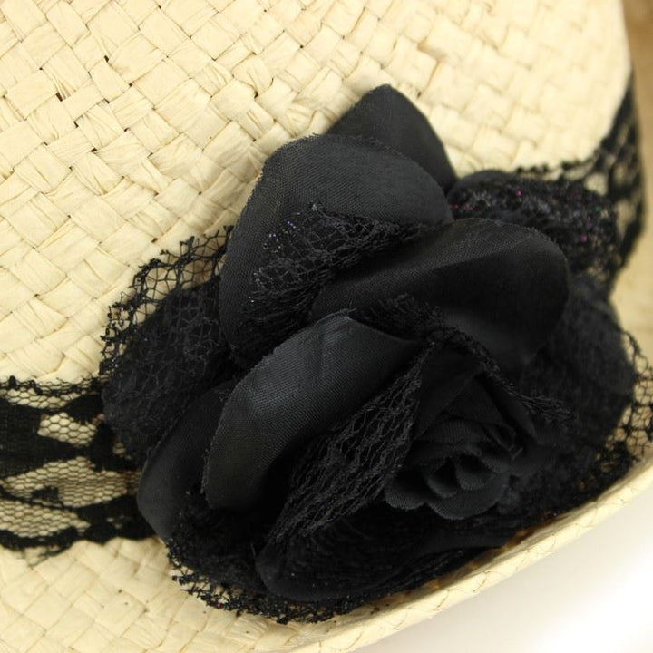 Straw paper trilby hat with lace band and flower corsage - Natural