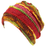 Chunky Ribbed Wool Knit Beanie Hat with Space Dye Design - Red