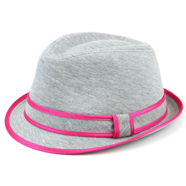 Simple grey cotton trilby hat with band and trim - Pink