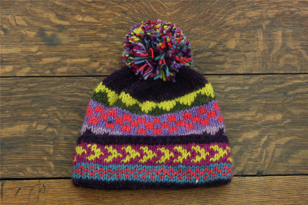 Hand Knitted Wool Beanie Bobble Hat - Chevron Purple