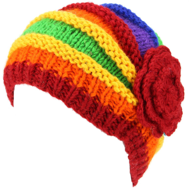 Ladies Chunky Wool Knit Shell Shaped Beanie Hat with Side Flower - Rainbow