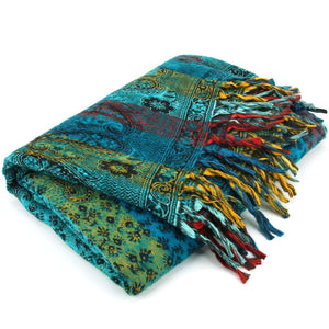 Vegan Wool Shawl Blanket - Paisley Stripe - Turquoise & Yellow