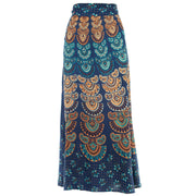 Long Maxi Wrap Skirt with Block Print Mandala - Blue & Orange