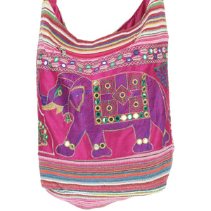 Embroidered Elephant Canvas Sling Shoulder Bag - Pink