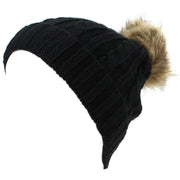 Childrens Cable Knit Beanie Hat with Faux Fur Bobble and Turn-up - Black