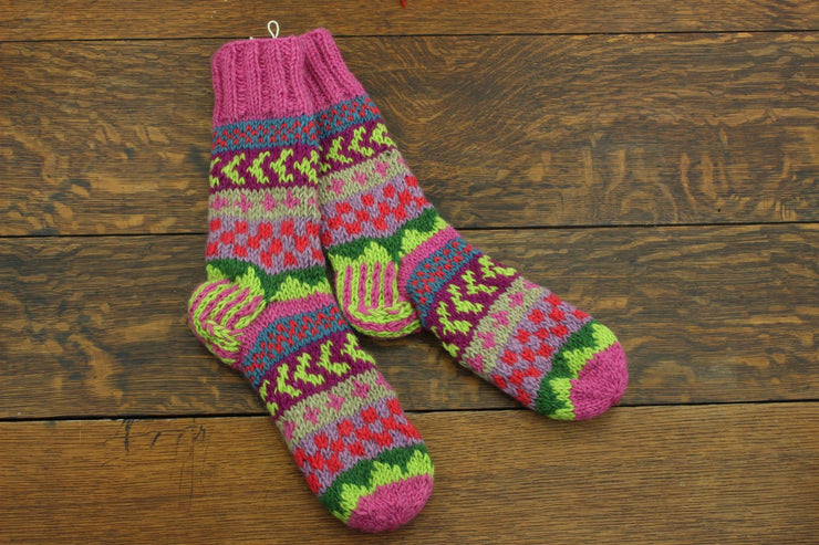Hand Knitted Wool Slipper Socks Lined - Chevron Pink