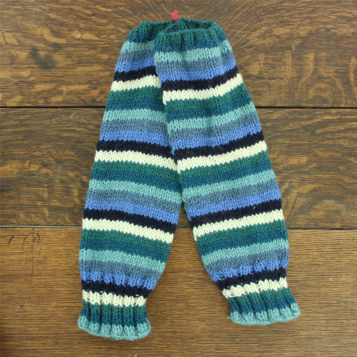 Hand Knitted Wool Leg Warmers - Stripe Blue White