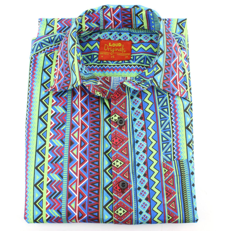 Tailored Fit Short Sleeve Shirt - Blue Aztec