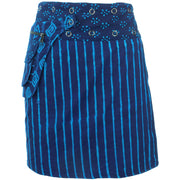 Reversible Popper Wrap Knee Length Skirt - Indigo Patch Strips / Indigo Stripe