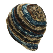 Hand Knitted Wool Beanie Hat - 17 Brown Blue