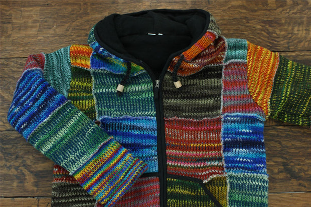 Hand Knitted Wool Hooded Jacket Cardigan - Rainbow Space Dye