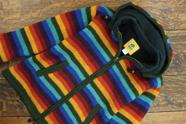 Hand Knitted Wool Hooded Jacket Cardigan Ladies Cut - Stripe Dark Rainbow