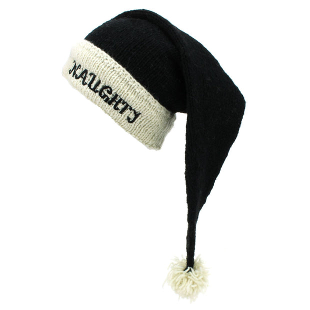 Hand Knitted Wool Christmas Beanie Hat - Naughty Black