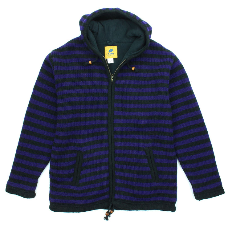Hand Knitted Wool Hooded Jacket Cardigan - Stripe Purple Black