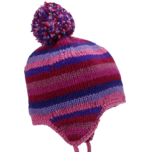 Bonnet à pompon en tricot de laine avec oreillettes - rayure rose violet