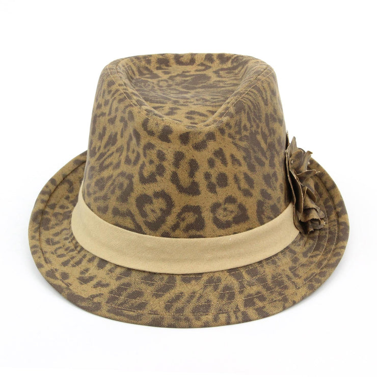 Leopard print trilby hat with side flower - Brown
