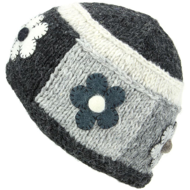 Ladies Wool Knit Beanie Hat with Flower Patch Design - Charcoal
