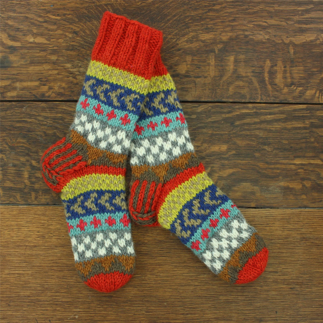 Hand Knitted Wool Slipper Socks Lined - Chevron Orange