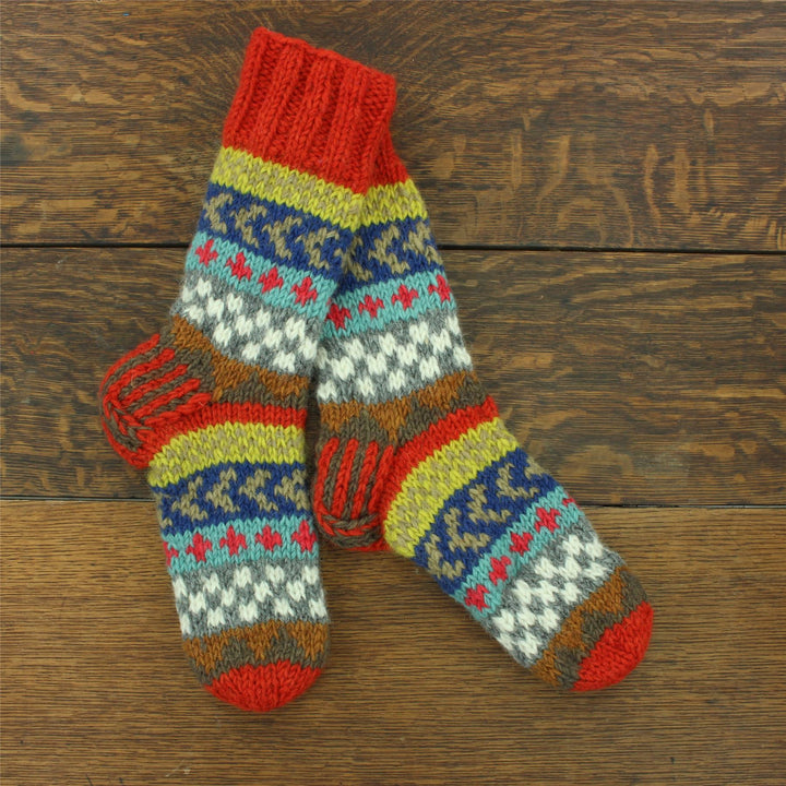 Hand Knitted Wool Slipper Socks Lined - Chevron Orange