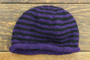 Hand Knitted Wool Beanie Hat - Stripe Purple Black