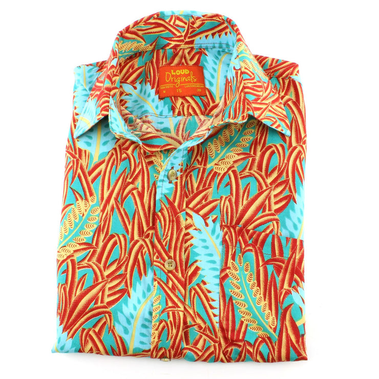 Tailored Fit Short Sleeve Shirt - Blue Feathers & Red Grass