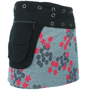 Reversible Popper Wrap Mini Skirt - Grey Patch Strips / Spiral Garden