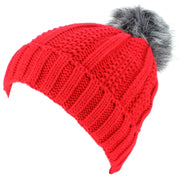 Chunky Beanie Hat with Faux Fur Pom and Super Soft Fleece Lining - Red